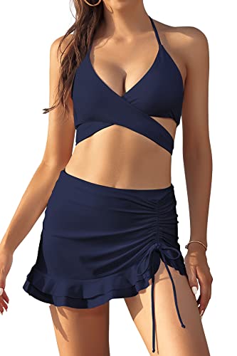 SHEKINI Damen Bikini Set Neckholder Tiefer V Ausschnitt Verstellbarer Bikinioberteil Zweiteiliger Badeanzug mit Rüschen Kordelzug Schwimmrock (M, Dunkelblau)