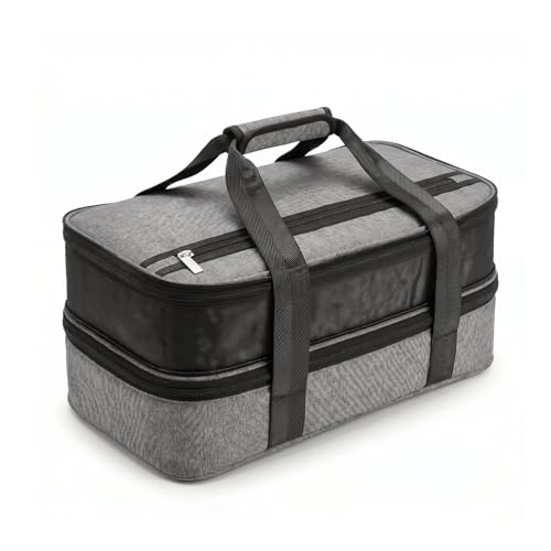 Image of DOWAN Insulated Casserole Carrier for 9x13 Baking Dish - Expandable Double Decker Food Carrier Bag for Hot or Cold Food, Thermal Lasagna Lugger Tote for Potluck, Picnic, Party & Travel - Grey