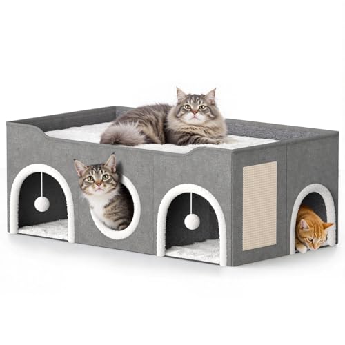 All-in-1 Extra Wide Cat House,Top Bed Three Rooms Cat Condos,Cat Beds for Indoor Cats,Multi Cats Puppy Family with Fluffy Ball Hanging and Scratch Pad, Foldable Hideaway