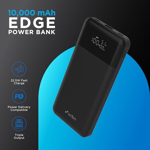 Image of URBN 10,000 mAh Edge Power Bank with Smart LED Display, Ultra Slim & Compact, 22.5W Fast Charging, Power Delivery, Quick Charge, Triple Output(1-USBA, 2 USB-C) iPhone, Samsung, Android & More - Black
