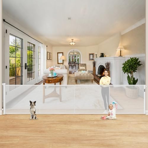 Reinforced 42 Extra Tall Retractable Baby Gates for Doorway 200 Retractable Dog Gate With Support Rod 16ft Extra Long Baby Gate for Large Opening Bottom Anti-Crawl Indoor/Outdoor Mesh Child Gates