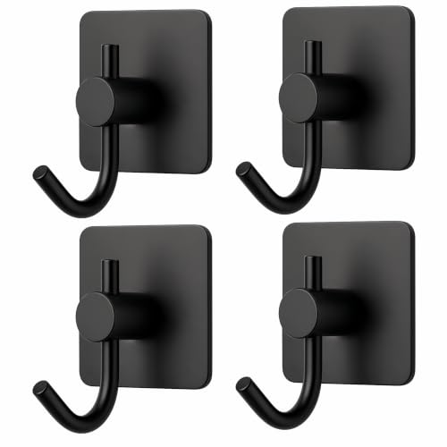 JIALTO 4 pcs Self-Adhesive Stainless Steel Hooks: Heavy-Duty Wall Hangings, Waterproof & Drill-Free - Strong Towel, Coat, and Kitchen Hooks for Bathroom and Kitchen (Big Squre Black Hook)