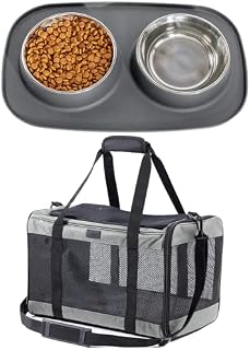 Gorilla Grip Waterproof BPA Free Cat and Dog Bowls Silicone Feeding Mat Set and Airline Travel Cat Carrier Bag, 1 Cup Silicone Feeding Mat Set, Breathable Mesh Pet Travel Bag, Both Gray, 2 Item Bundle