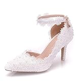Obermaterial: PU WHFKFBS Frauen weiße Spitze Satin Schnalle Brautschuhe mit Stich Spitzen Blume Perle Hochzeit Brautschuhe,Weiß,EU40