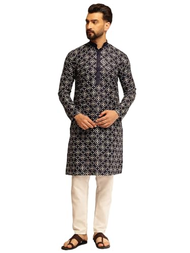 Image of SOJANYA (Since 1958 Men's Cotton Silk Gold Sequins Thread Embroidered Kurta With White Pyjama