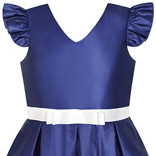 Sunny Fashion Girls Dress Navy Blue V-Neckline Ribbon Color Contrast Size 6-123