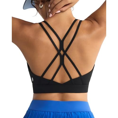 RUNNING GIRL Sports Bras for Women,Strappy Crisscross Back Padded Low Impact Running Sports Bra with Removable Cups Black Medium