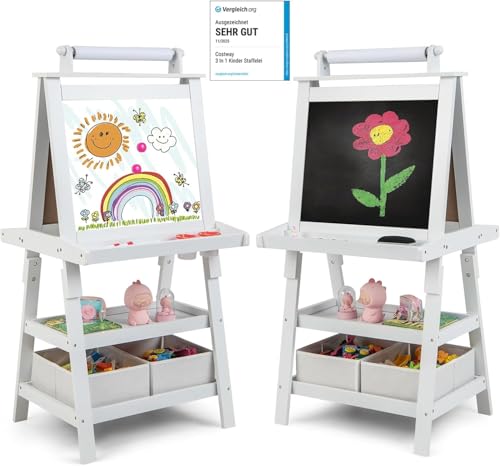 COSTWAY 3 en 1 Tableau Enfants Double Face avec Rouleau de Papier, Chevalet Enfants avec 2 Etagères et 2 Boîtes de Rangement, Structure Triangulaire, Jouet de Dessin pour Enfants de 3 Ans+