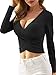 VETIOR Women's Deep V Neck Long Sleeve Unique Cross Wrap Slim Fit Crop Tops Medium Black