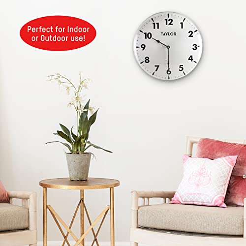 Image of Taylor Indoor Outdoor Metal Wall Clock, Wireless Thermometer with Easy to Read Large Numbers for Patio, Pool, and Indoor Areas, 18-inch