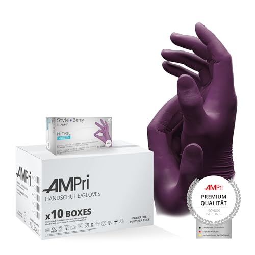 AMPri Guantes de nitrilo morado, 10 cajas de 100 unidades, talla M, sin polvo, estilo Berry by Med-Comfort: guantes desechables de nitrilo en las tallas XS, S, M, L, XL