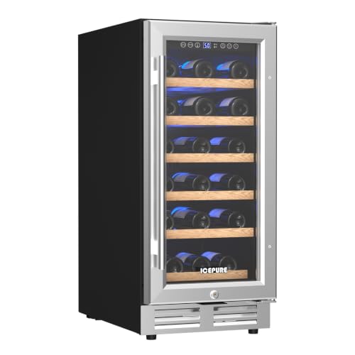 Image of ICEPURE 15 Inch Wine Fridge, Under Counter Small Wine Cooler Refrigerator | 28 Bottle, 41-65℉ Control, Double-layer Glass Door, Removable Shelves, Freestanding or Built-in for Home Kitchen Bar Office