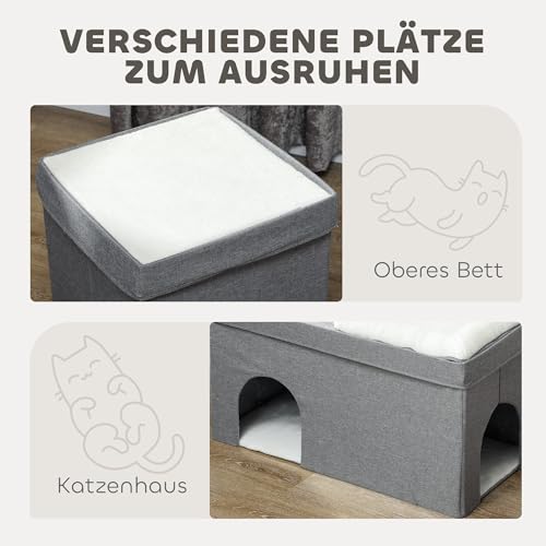 PawHut Katzenhöhle Katzenhütte, Katzenhaus mit 3 Ebenen, Katzenbett mit Kissen, Hundehaus für Katzen bis 5 kg, 74 x 37,5 x 78,5 cm, Grau