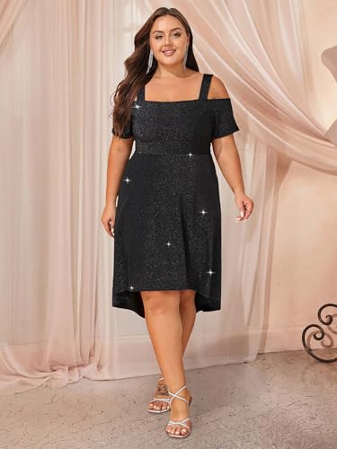 ZNU Women’s Plus Size Cocktail Dresses - 2025 Summer Elegant Glitter Cold Shoulder Evening Party Dress A-Line Midi Dress3