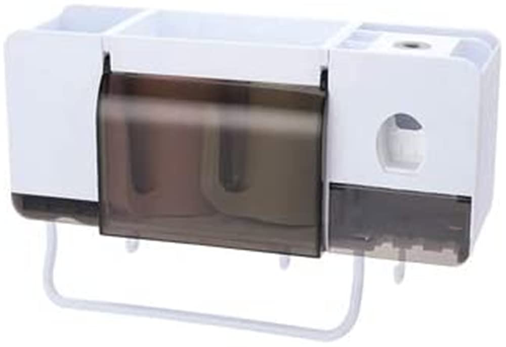 Toothbrush Holder, ELECDON Bathroom Storage Organizer Rack with Hooks Dustproof Cover Towel Bar Wall Mounted Space Saving No Drilling Toothbrush and Toothpaste Squeezer Kit, 2 Rinse Cups