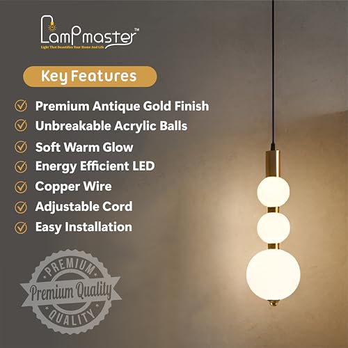 Image of Lamp master Luxe Globe Modern 3-Sphere Pendant Light | Elegant Acrylic Ball Hanging Lamp | Antique Gold Finish Decorative Chandelier for Living Room, Dining Room, Bedroom, Cafe & Home Interior