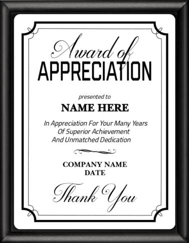 Crown Awards 7x9 Appreciation Predesigned Template Black Shiny Plaque with White Metal Plate Prime