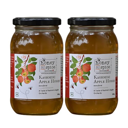 Image of Honey and Spice Kashmiri Apple Honey | 100% Organic Honey | Raw and Unprocessed | Pure Honey without Sugar | Sourced directly from the verdant valleys of Kashmir | No Added Preservatives | Unblended and Unpasteurized | Natural and Original | Unprocessed honey | (500g, Pack of 2)