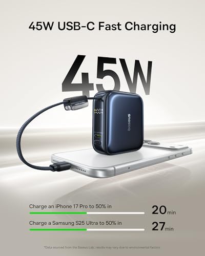 Image of Baseus PicoGo AC22 Mini Power Bank, 10000mAh 45W PD Portable Charger Built-in USB-C Cable, Ultra Small Sized Battery Pack, Fast Charging Battery Bank for iPhone 17 /16 /15 Samsung S25 /S24 Pixel 10 iPad