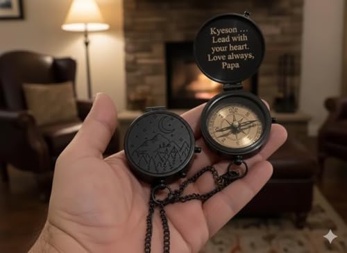 Brújula de Bolsillo de Latón Grabada Personalizada con Estuche de Cuero Regalo para Esposo, Padre, Hijo o Novio miniatura 4