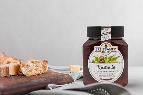 Breitsamer Honig Kastanie edel 500g - Flüssiger Kastanienhonig, herb würzig im Geschmack mit praktischem Klappdeckel (1 x 500g)