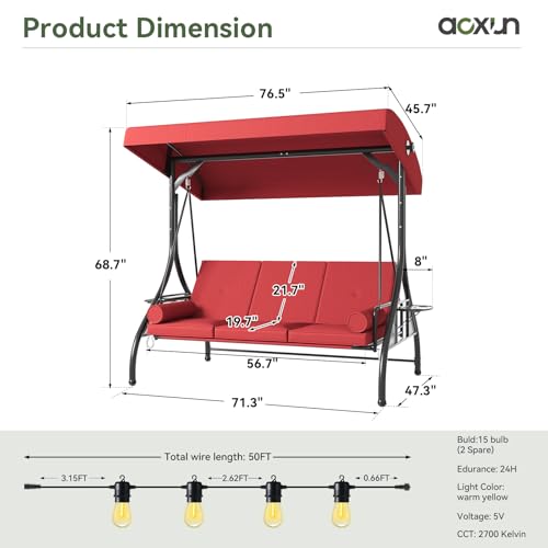 Image of Aoxun Outdoor Porch Swing with Stand and Canopy, 3 Seats Outdoor Swings for Adults, Convertible 2 in 1 Swing Bed with Cup Holder, Patio Swings with String Lights for Garden, Yard & Balcony, Wine