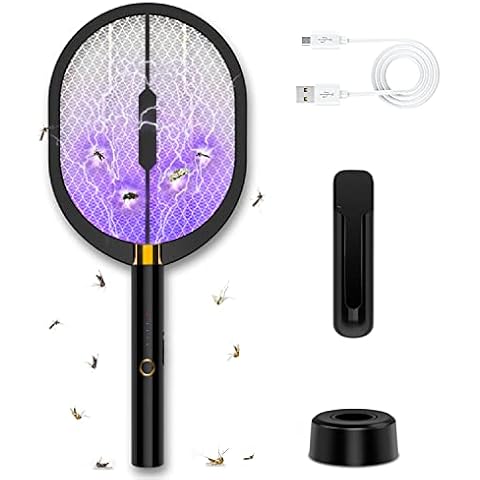 HuPop Electric Mosquito Swatter - Auto Mosquito Fly Bug Wasp Insect Zapper Racket Killer 3000V 1200mAh USB Rechargeable with 2 Charging Docks Base for Indoor/Outdoor (Black-Style A) Cover