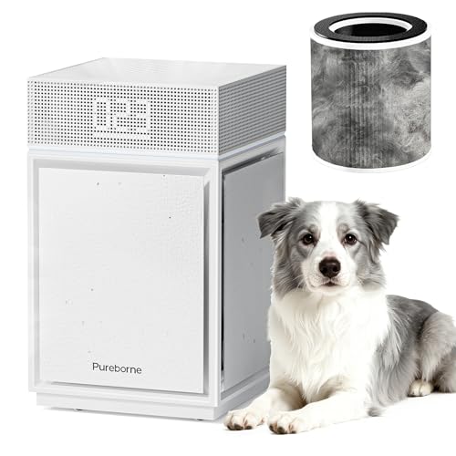 Pureborne Air Purifiers for Home Large Room Bedroom up to 3600 Sq Ft PM 2.5 Display Air Quality Sensor True HEPA Air Filter for Fur Odor Smoke with Three-Sided Air Inlet, White,1 Pack+ 3-Layer Filter
