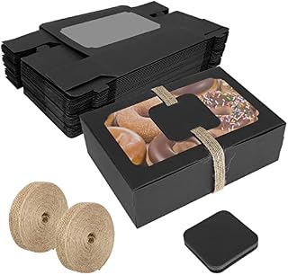 GOYADA 24 Pack Cookie Boxes with Window, 8x6x3in Black Brownie Boxes with Window, Cards and Twine, Empty Sweet Boxes Bakery Boxes for Packaging Chocolate Strawberries, Donuts, Cookies, Muffins, Pastry