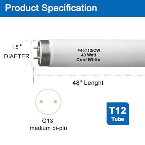 (6Pack) T12 4FT Fluorescent Bulb,F40T12/CW 40W 48inch Light Tube,4100K Cool White,Replaces F40T12/CW/Supreme,F40CWX,Medium Bipin(G13) Base, 2600 Lumens