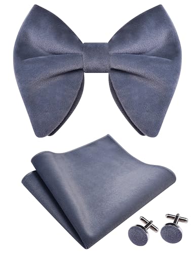 Image of GUSLESON Mens Solid Plaid Velvet Pre-tied Adjustable Bow Tie and Pocket Square Cufflink Set with Gift Box