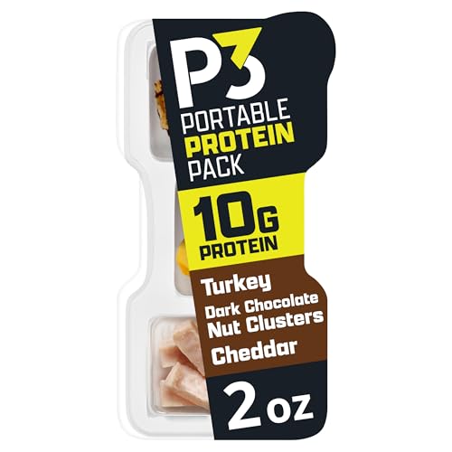 P3 Portable Protein Snack Pack with Dark Chocolate Almond Nut Clusters, Turkey & Cheddar Cheese, 2 oz Tray