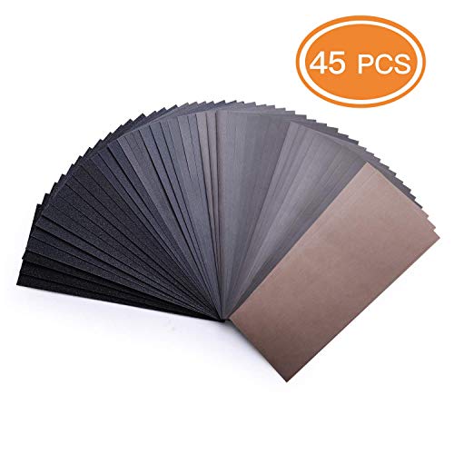 45-Piece 80 To 3000 Grit Wet Dry Sandpaper 9 x 3.6 Inches for Wet or Dry Sanding, Metal Sanding and Automotive Polishing Wood Furniture Finishing - ASD07C