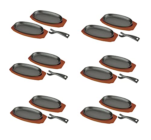 JapanBargain, Set of 2 Sizzling Steak Plates with Wooden Base Cast Iron Fajita Skillet Server Plate for Home or Restaurant Use, Induction Cookware, 6 Set
