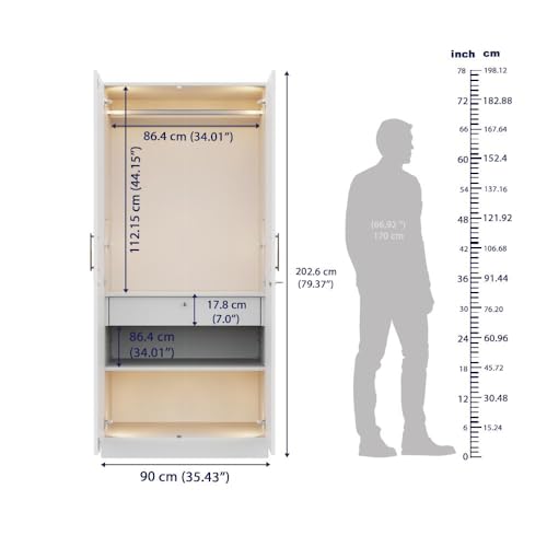 Image of Wakefit Wardrobe for Bedroom | 3 Yr Warranty | Cupboard for Bedroom, Almirah, Wooden Wardrobe, Comes with LED light, Multi-Shelves, Drawer & Hanger, Density:680-750 kg /m, Free Installation(Tyrian-FW)