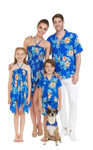 Image of Matchable Family Hawaiian Luau Men Women Girl Boy Clothes in Hibiscus Blue