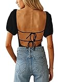 oten Womens Tie Back Sexy Bodysuit for Going Out Puff Sleeve Scoop Neck Open Back Bodysuits Solid Backless One Piece Leotards Black X-Large