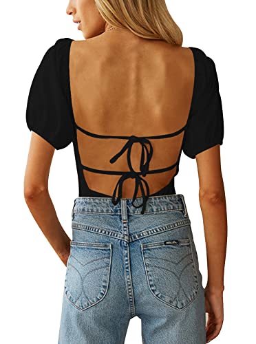 Image of oten Women's Sexy Backless Puff Sleeve Square Neck Tie Back Bodysuit Tops