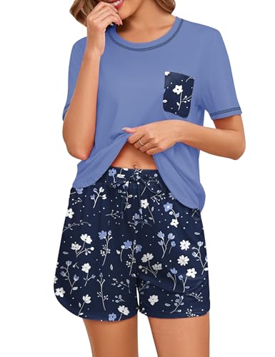 Namatime Pigiama corto da donna, in cotone, 2 pezzi, biancheria da notte Shorty Loungewear, blu floreale, XL