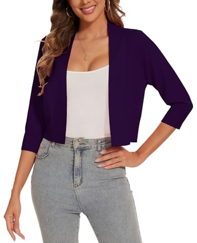 Image of Women 3 /4 Sleeve Cropped Cardigan Lightweight Casual Open Front Bolero Shrug Sweaters