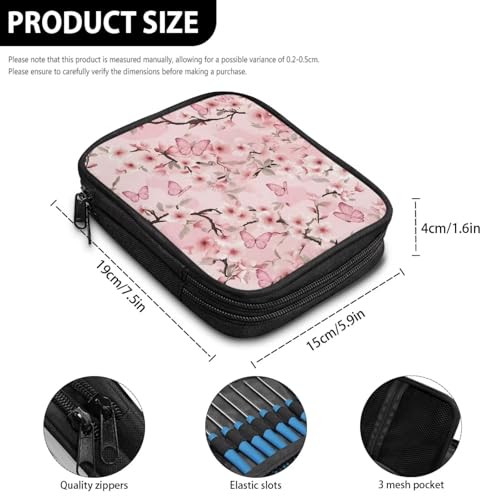 Image of Crochet Hook Case Pink Floral Crochet Hook Holder Portable Crochet Hook Storage Bag with Web Pockets Suitable for Crochet Needles /Knitting Accessories