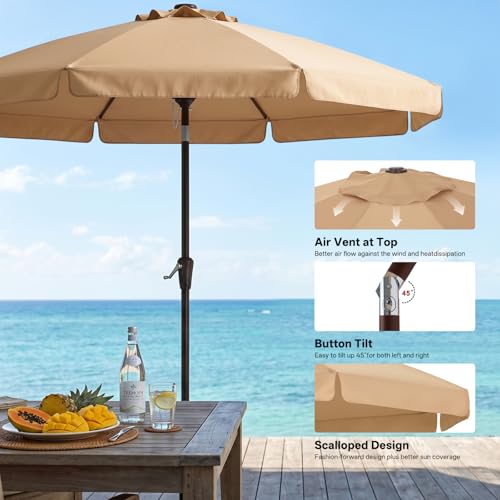 Image of ABCCANOPY 9ft Scalloped Patio Umbrella, Outdoor Table Umbrella with Tilt and Crank, Fiberglass Ribs Deck Umbrella for Patio, Pool, Garden, Picnic (Tan)