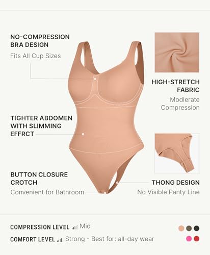 Image of FeelinGirl Shapewear Bodysuits for Women Tummy Control Thong Seamless V Neck Compression Body Suits Corset Top
