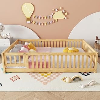 Bellemave Queen Size Floor Bed Frame with Slats and Safety Guardrail, Wood Queen Size Montessori Floor Bed with Door and Fence, Easy Assemble Montessori Beds for Kids, Girls, Boys, Natural