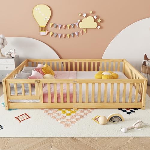 Bellemave Queen Size Floor Bed Frame with Slats and Safety Guardrail, Wood Queen Size Montessori Floor Bed with Door and Fence, Easy Assemble Montessori Beds for Kids, Girls, Boys, Natural