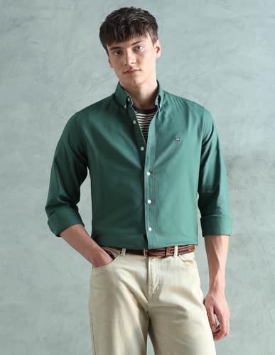 Image of Arrow Sport Solid Slim Fit Cotton Shirt for Men - Full Sleeve Mens Casual Shirts