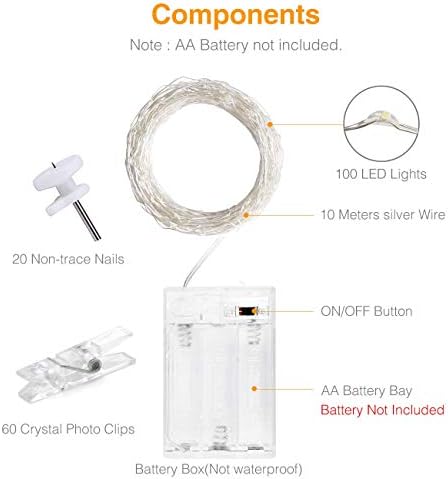 100LED Photo Clip String Lights, Litogo 10M Photo Peg Fairy Lights with 60 Clips Indoor Battery Powered Silver Wire Hanging String Photo Frames Decoration for Bedroom Wedding Party Christmas Photo