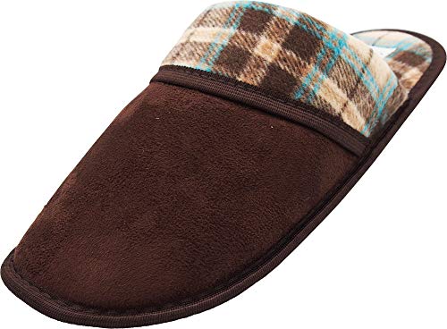 NORTY - Mens Faux Suede and Plaid Fleece Slip On Scuff Slipper, Brown 40787-X-Large