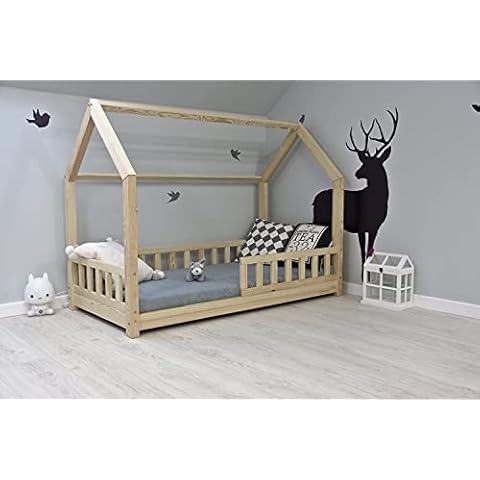 Best For Kids Kinderbett Hausbett Kinderhaus mit Rausfallschutz Jugendbett mit 10 cm Matratze Natur Haus Holz Bett (90x200 cm ohne Matratze) Cover
