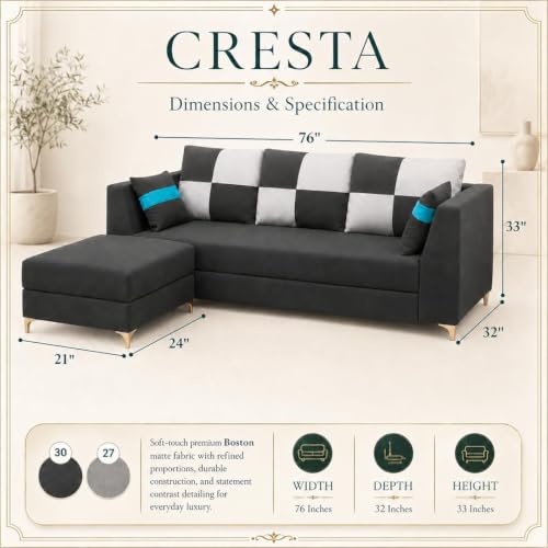Image of FURNY Signature Cresta 4-Seater L-Shape Sofa Set with Movable Ottoman | Flexible LHS /RHS Layout | Boston Fabric | 40D Foam + Zigzag Spring | 3-Yr Warranty (Ash Grey - Light Grey)